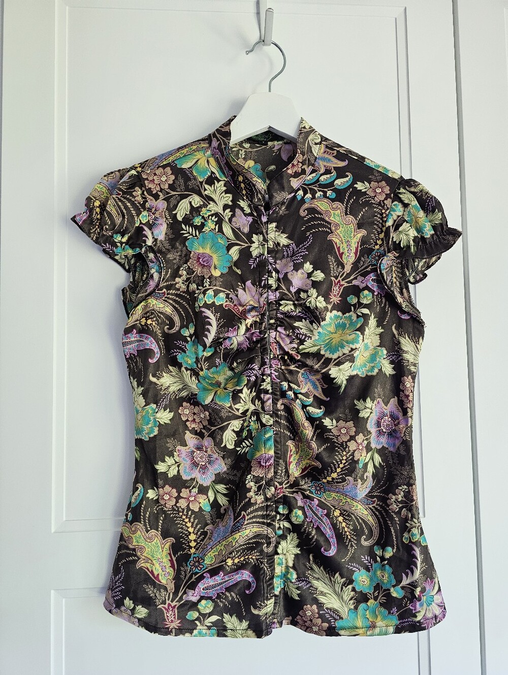 Floral Satin Mandarin-Collar Ruched Blouse in Brown Purple Green & Yellow Top